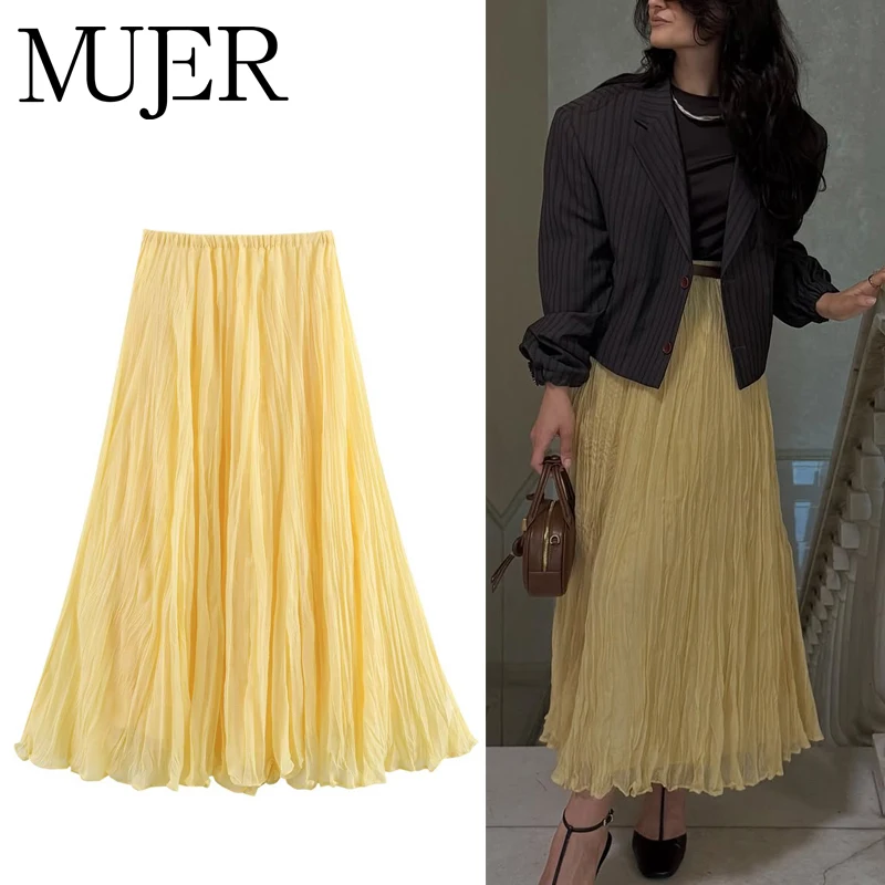 MUJER jupes longues plissées jaunes pour femmes jupe Midi taille haute superposée femme été jupe femme froncée jupe de plage femmes