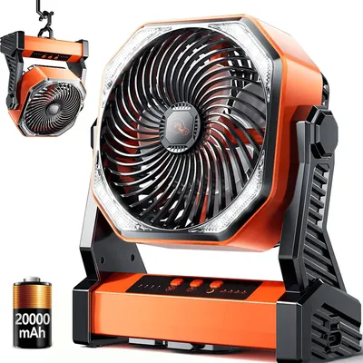 Fan with Light, 40000mAh Rechargeable Battery Powered Outdoor Tent Fan with Light and Hook, 4 Speed,