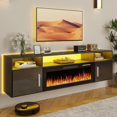 Floating TV Stand with 36" Electric Fireplace - Wall Mounted Entertainment Center with LED Lights &