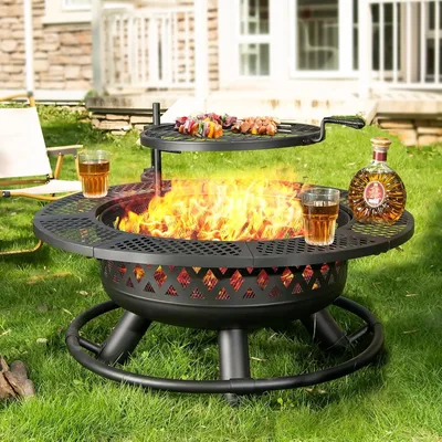 36 Inch Fire Pit with Grill, Wood Burning Fire Pits for OutsideRound Metal Firepit Table 3 in 1 with