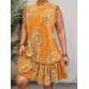 Plus Size 2025, Sommer-Neues Damen-Elegantes Slim-Fit-Kurzarmkleid – Rundhalsausschnitt in Schwarzgold und Rot mit Paisley-Print und Rüschensaum