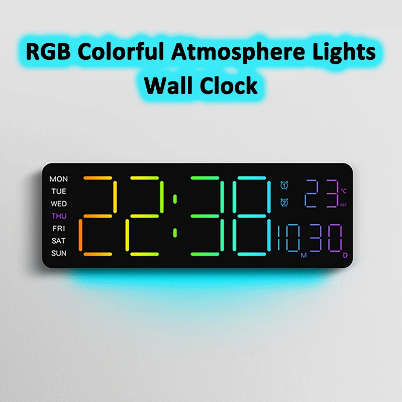 Große digitale Wanduhr mit Fernbedienung, großer LED/Doppelalarm/11 RGB-Farben/Datum/Wochenanzeige, digitaler elektronischer Wecker Image