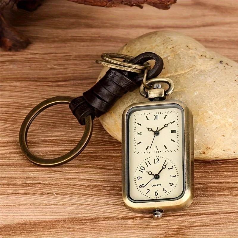 Bronzene Schlüsselanhänger-Taschenuhr, quadratisch, Retro-Doppelzeitwerk, Quarzuhr ohne Abdeckung, Anhänger im antiken Stil Image