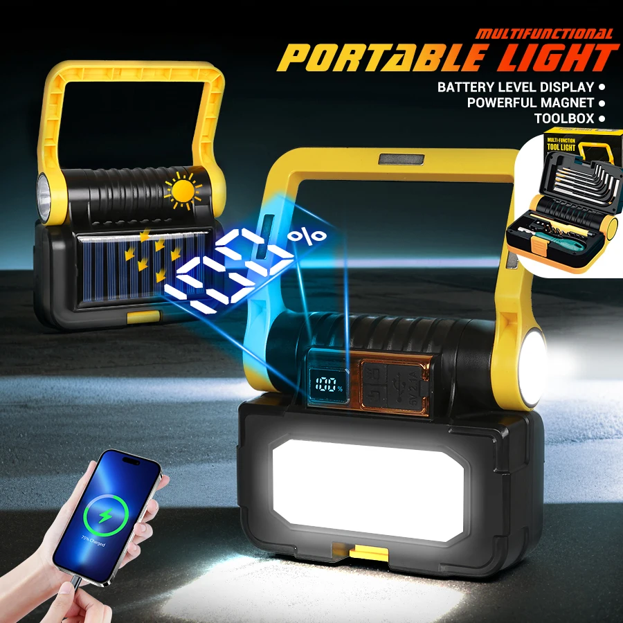 COB LED Solar-Arbeitsleuchte, wiederaufladbare LED-Taschenlampe, Inspektionslampe mit magnetischem Haken, integrierter Hardware-Werkzeugkasten, tragbare Lampe