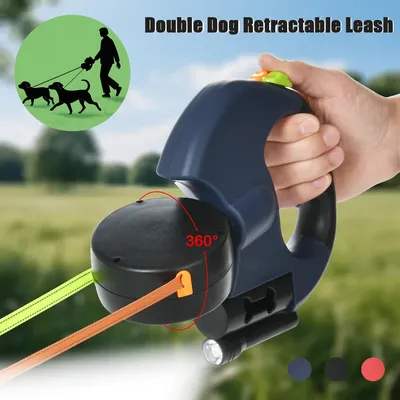 Einziehbare Doppel-Hundeleine mit Taschenlampe für kleine Hunde, automatisch, 360°, Spaziergänge ° No Tangle Pet Traction Rope Belt Waste Bag Box