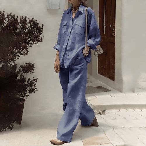 Damen Hemd Baumwoll-Leinen-Hemden Baumwoll Mischung Langarm Hemdkragen Einfarbig Dubbele Rij Knopen Aktiv Urlaub Date Weiß Rosa Wein Sommer Normale Passform Image