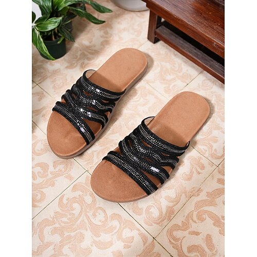 flache Damen-Sandalen mit mehreren Riemen in Bronze – offene Hausschuhe im Bohème-Stil für den Alltag, Reisen und Urlaub Image