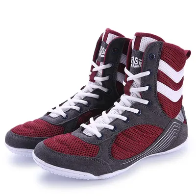 High Top Breathable Boxing Shoes Men Women Professional Wrestling Sneakers Light Weight Grey Red