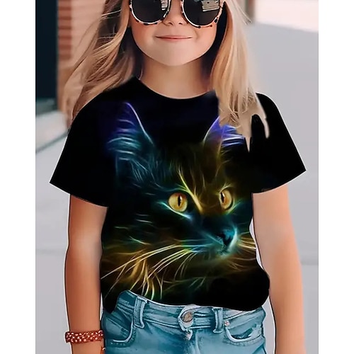 Mädchen 3D Tiermotiv Katze T-Shirt Kurzarm Sommer Frühling Mode Basic Kinder 4-12 Jahre Rundhalsausschnitt Outdoor Lässig Täglich Normale Passform Image