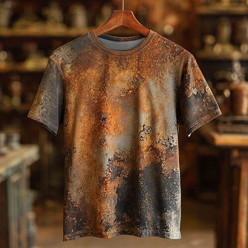 Herren Optische Täuschung T Shirt Kurzarm T-Shirt 3D-Druck Rundhalsausschnitt Hemd Retro Vintage Vintage-Retro Party Straße Lässig Gelb Leicht Braun Braun Sommer Frühling Ganzjahres Bekleidung S M L Image