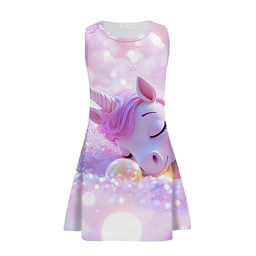 Mädchen' 3D Einhorn Kleid Ärmellos Sommer Frühling Urlaub Täglich Ferien Prinzessin Schön Süß Kinder 4-12 Jahre Freizeitkleid A Linie Kleid Knielang Normale Passform Image
