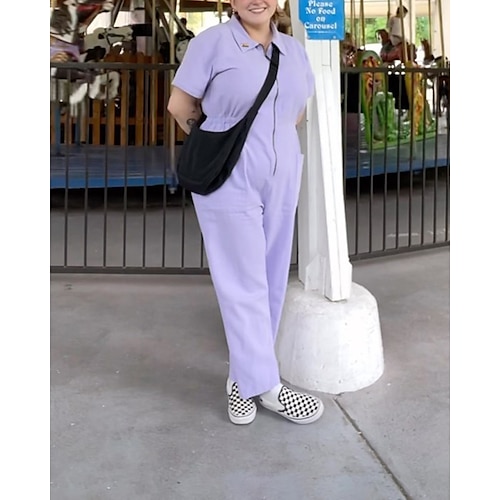 Damen-Streetwear-Hose aus Baumwollmischgewebe, einfarbig, Kurzarm, Hemdkragen, Reißverschluss, für Ausgehen, Wochenende, normale Passform, blau, schwarz, pink, Sommer Image