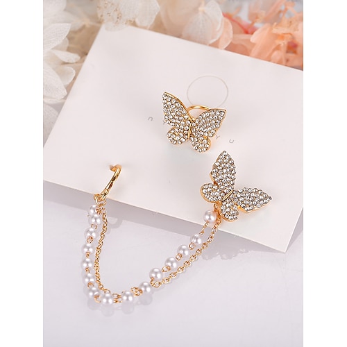 Damen-Ohrringe mit goldenen Schmetterlingsperlen und Kette, asymmetrisches Design, elegantes Schmetterlingsdesign aus Kristall, geeignet für Partys und lässige Urlaubskleidung Image