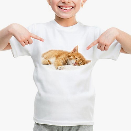 100% Baumwolle Kinder Mädchen 1 2 3 Katze T-Shirt Rundhalsausschnitt Kurzarm Outdoor Urlaub Täglich Klassisch Lässig Druck Sommer Image