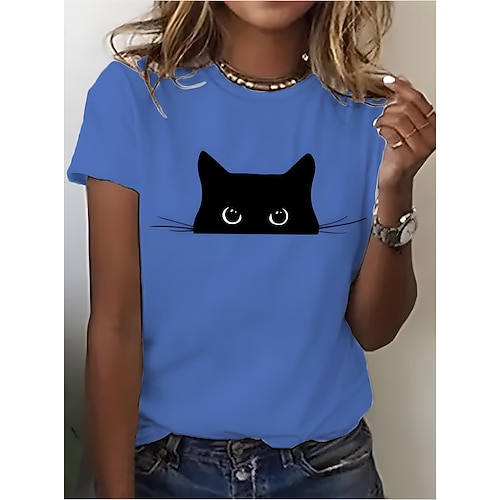 Damen T Shirt Druck Grafik Tiermotiv Katze Vintage Stilvoll Klassisch Kurzarm Rundhalsausschnitt Rundhals Normale Oberteile Täglich Wochenende Blau Schwarz Weiß Rosa Purpur Sommer Frühling Image