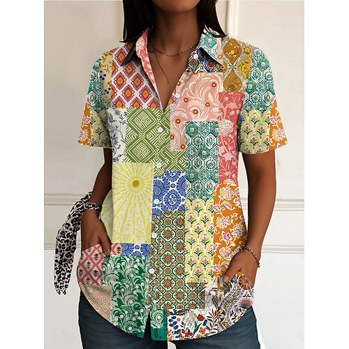 Frauenhemd Langarm Knopfleiste Bluse Floral Grafik Vintage Alltag Stylisch Kurzarm Hemdkragen Regelmäßige Oberteile Alltag Schwarz Weiß Gelb Rot Blau Sommer Frühling Image