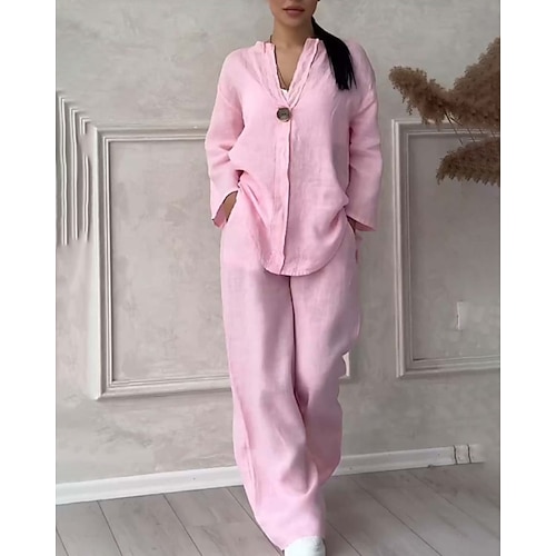 Damen Baumwoll-Leinen-Hemden Baumwoll Mischung Bluse Langarm V Ausschnitt Einfarbig Aktiv Mode Outdoor Wochenende Schwarz Weiß Rosa Sommer Normale Passform Image
