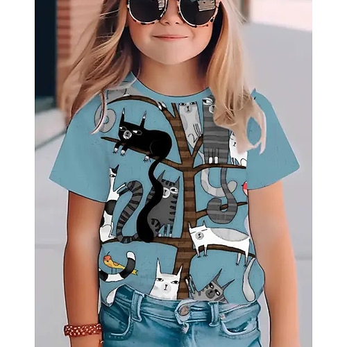 Mädchen 3D Tiermotiv Katze T-Shirt Kurzarm Sommer Frühling Mode Basic Kinder 4-12 Jahre Rundhalsausschnitt Outdoor Lässig Täglich Normale Passform Image