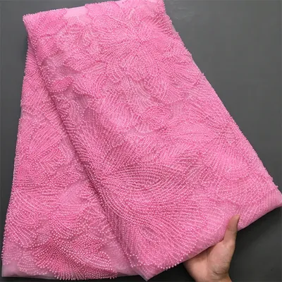 Pink African Heavy Beads Mesh Lace Fabric 2025 Embroidery Nigerian French Tulle Lace Fabric For