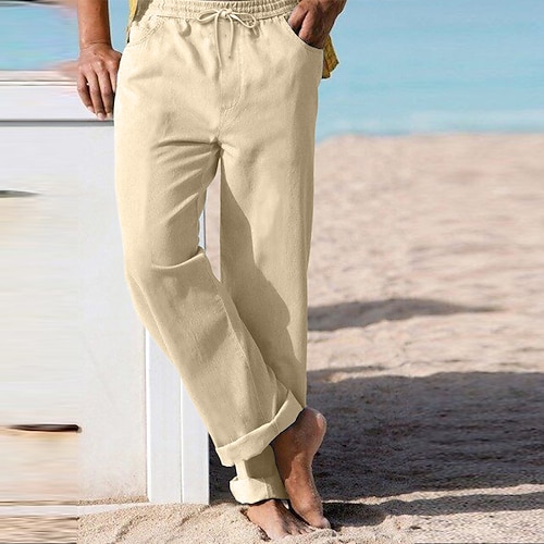 Herren Leinenhosen Hose Sommerhose Strandhose Kordelzug Elastischer Bund Gerader Schnitt Einfach Komfort Atmungsaktiv Volle Länge Lässig Täglich Ferien Urlaub Mode Weiß Himmelblau Image