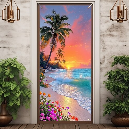 Ozean Strand Türdekorationen Türabdeckungen Sommer Blumen Türwandteppich Türvorhang Dekoration Fotohintergrund Innen/Außen Türbanner für Haustür Bauernhaus Image