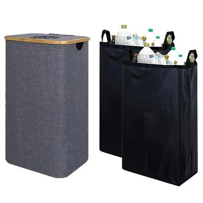 Pfandflaschen Sammelbehälter Recyclingbehälter für Küche, Innenbereich, Zuhause, 100 l Wäschesammler mit 2 herausnehmbaren Innentaschen, Bambusrahmen, Oxford-Gewebe, selbstschließende obere Öffnung Image