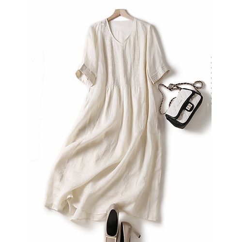 Damen Baumwoll-Leinen-Midikleid A-Linien-Kleid Sommerkleid Casual Daily Regular Fit Einfarbig Halbarm Rundhalsausschnitt Weiß Blau Lila Grün Sommer Image