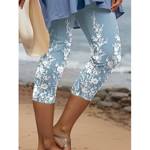 Damen Leggings Capri Hosen 3D Druck Hohe Elastizität Urlaub Vintage Mode Knielang Hohe Taille Floral Grafischer Druck Atmungsaktiv Weich Dehnbar Formal Urlaub Büro Robin's Egg Blau Image
