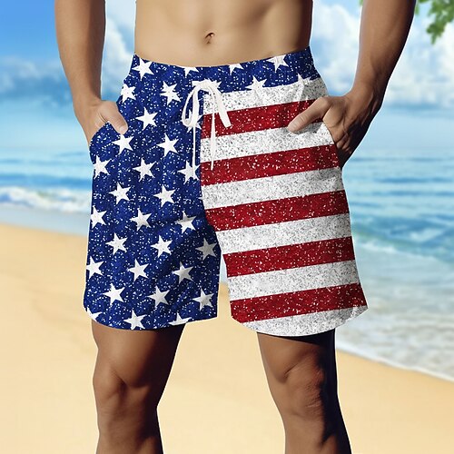 Tag der Unabhängigkeit Herren US Flagge Patriotisch Vierter Juli Badehosen Badeshorts Boardshorts Mittlere Taille Hawaiianisch Ferien Seitentaschen Netzfutter Elastischer Kordelzug in der Taille Image