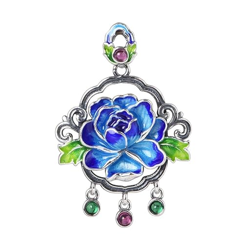 THTHT 925 Sterling Silver Pendant for Women's Necklace, ï»¿Enamel Peony Cloisonne Creative Vintage Sweater Chain Pendant