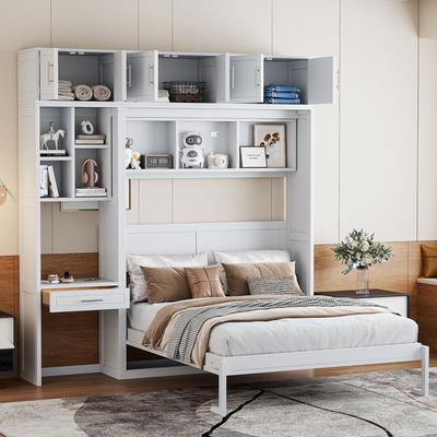 Queen-Size Wall Bed with Fold-Down Desk - Space-Saving Murphy Bed with Storage Cabinet & Shelves, Perfect for Small Rooms