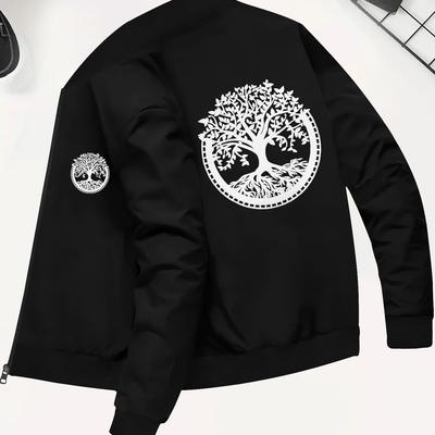 TEMU 1pc Men's Casual Slim Fit Polyester Jacket With Tree Print, Knitted Athletic Zip-up With Pockets, Stand Collar, For Autumn/winter Image