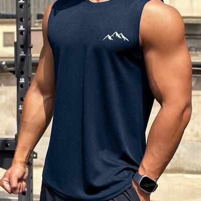 TEMU Men's Moisture-wicking Athletic Tank Top With Mountain Print - Breathable, Quick-dry Fabric For Gym, Training & Outdoor Activities, Navy Blue, Sleeveless Fitness Shirt, Durable Sportswear Image