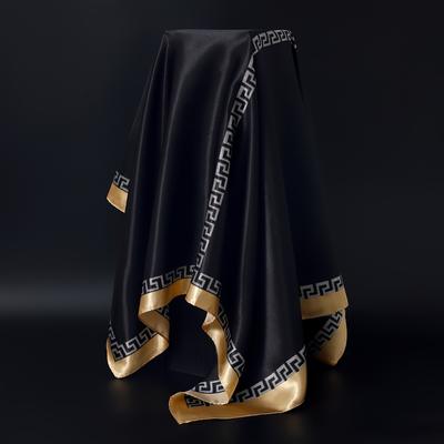 TEMU Elegant Black Satin Scarf With Golden Geometric Print - 90cm Square, Lightweight & Stylish For Travel, Parties, And Gifts, Party Accessory, Sophisticated Design, Smooth Texture Image