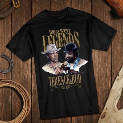 TEMU Men's Short-sleeve Cotton T-shirt With Wild West & Terence Bud Graphic Print - Black Casual Round Neck Tee, Machine Washable Regular -season Wear, Apparel, Cowboy Themed Apparel Image