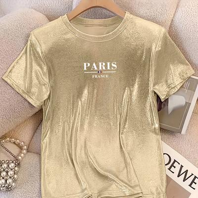 TEMU Women's Casual Paris France Glitter Letter Graphic T-shirt - Black Short Sleeve Round Neck Top, Machine Washable Spring Summer Fashion Tee, Ladies T Shirts, , City Name Shirt, Quality Fabric Image
