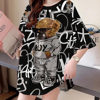TEMU Women's Plus Size Casual T-shirt With Cartoon Print - Loose Fit, Short Sleeve, Round Neck, Lightweight & Stretchy Fabric, Spring/summer Fashion, Casual Wear| Print Top|, Plus Size Image