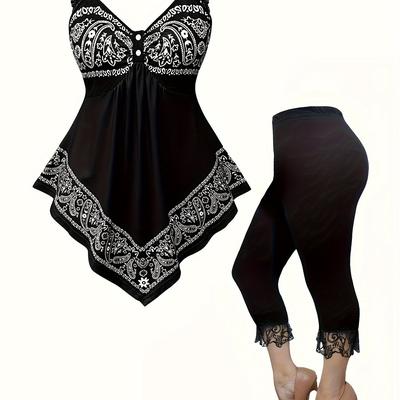 TEMU Plus Size Women's Lace Trim Printed Top And Pants Set Image