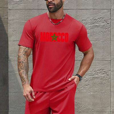 TEMU Morocco Men's Casual Sports Short Sleeve T-shirt And Shorts 2pcs, Simple And , Fitness Running Image