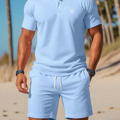 TEMU Men's Elegant Earphone Print Shirt And Drawstring Pocket Shorts Summer Casual Outfit, Suitable For Golf Image