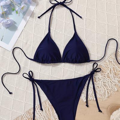 TEMU Navy Blue Sexy Bikini Set, Halter V-neck Tie Back Cut Two-piece Swimsuit, Women's Swimsuit Triangle Top Image