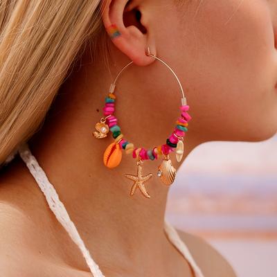 TEMU 1 Pair Of Women's Fashion Hoop Earrings; Metal Hoops With Colorful Stones And Such As Starfish/seashells Asendants; Summer Beach Ocean Vacation Bohemian Style; Ladies' Casual Holiday Party Wear. Image
