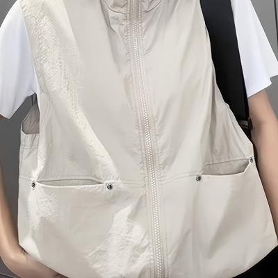 TEMU Women's Lightweight Hooded Zip-up Vest - Beige Casual Sleeveless Jacket With Dual Pockets, Rivet Details, And Adjustable Straps For Spring/fall, Zip Up Jacket Image