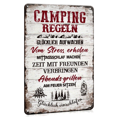 TEMU 1pc Vintage German Camping Rules Metal Sign - Rustic Wall Decor For Home & Outdoor, 12x8 Inches, No Electricity Needed, Outdoor Wall Art | Vintage Wall Art | Weathered Finish, Camping Accessories Image