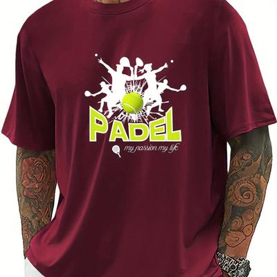 TEMU Padel Print, Men's Round Crew Neck Short Sleeve, Tee Fashion Regular Fit T-shirt, Casual Comfy Breathable Top For Spring Vacation Men's Clothing As Gift Image