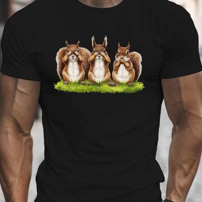 TEMU Men's Casual Crew Neck T-shirt With Adorable Squirrel Print - Lightweight, Breathable Polyester For Image