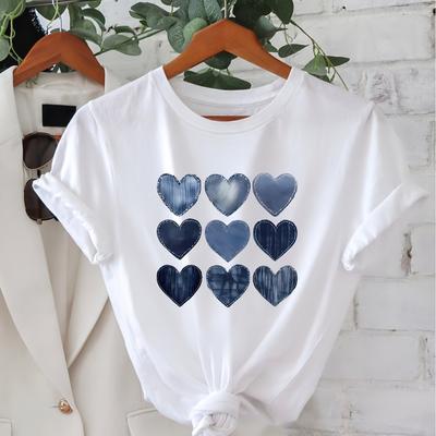 TEMU 2025 Spring-summer New Arrival Women's Round Neck Heart Print Fashion Summer Cool Short Sleeve Casual T-shirt Circle Image