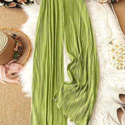 TEMU Women' Striped Wide-leg Pants - Casual Summer Trousers With Frill Detail, Long Length, No Belt, Lightweight Fabric For , Casual Summer Wear|striped Pattern|lightweight Fabric Image