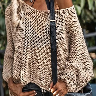 TEMU Elegant Off-shoulder Crochet Covering - Beige, , Beach & Casual Wear, Spring/summer/fall Fashion, Crochet Sweater Image