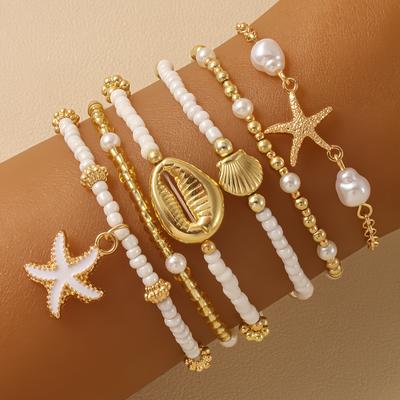 TEMU 6pcs/set Summer Beach Multi-layered Beaded Bracelet, Fashionable Starfish And Shell Pendant Bracelet Set, Sexy Women's Summer Beach And Daily Date Jewelry Gift Image
